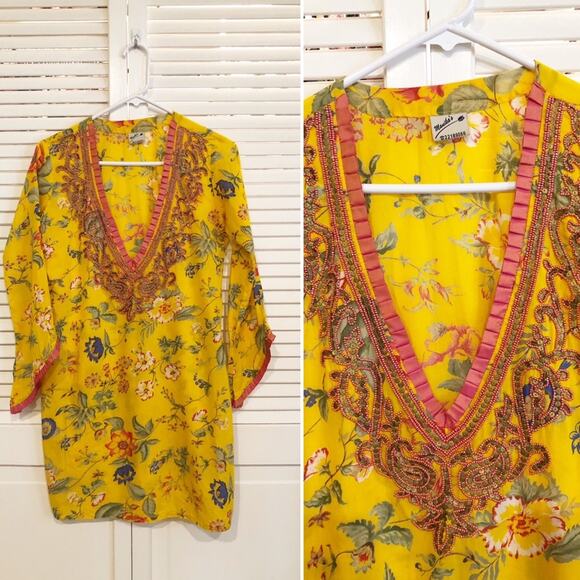 Vintage Manika Yellow Floral and Beaded Tunic Top Swim Cover - Picture 1 of 8
